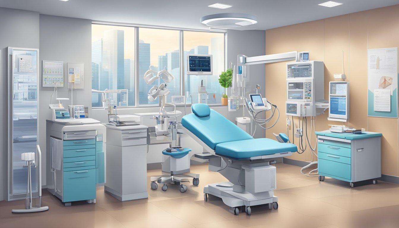 The scene depicts a modern and professional cardiology clinic with a focus on heart and arrhythmia services. The setting is clean and organized, with medical equipment and informational materials visible