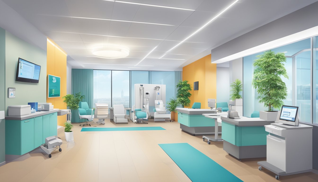 A modern clinic with a welcoming reception area, state-of-the-art medical equipment, and comfortable patient rooms