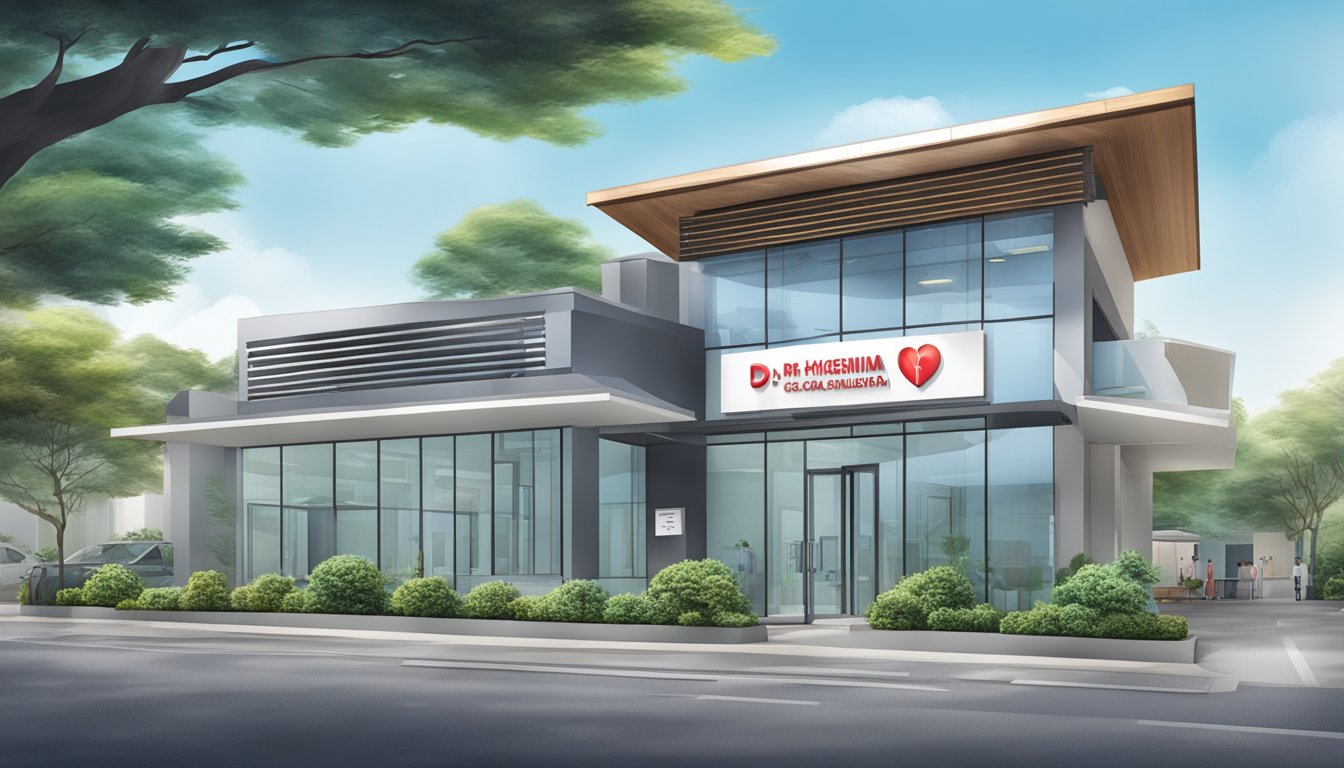 A modern medical clinic exterior with a prominent sign displaying "Dr Ng Kheng Siang - Heart & Arrhythmia Specialist Clinic | SG Cardiologist"