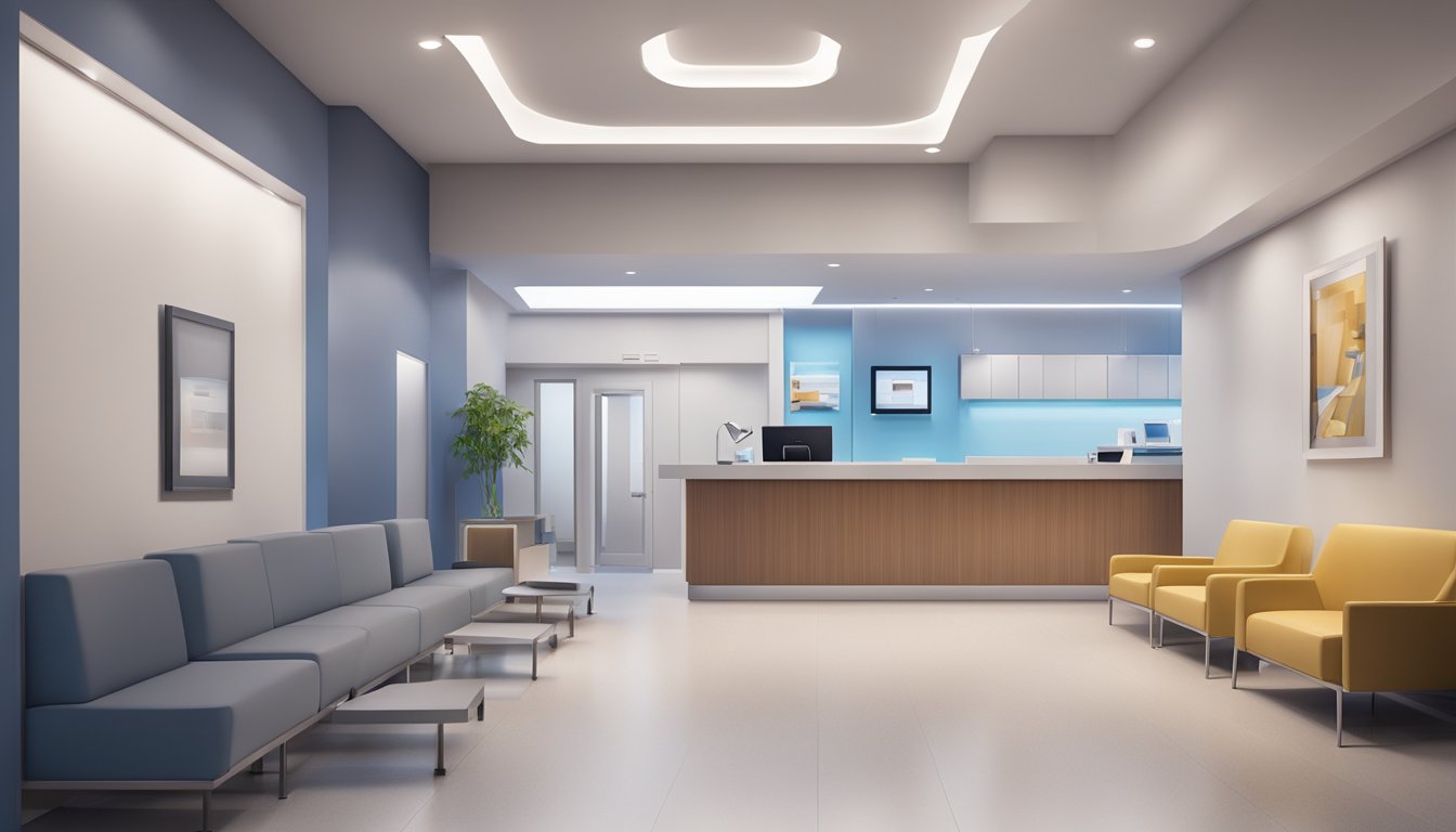 A modern, sleek cardiology clinic with a welcoming reception area, state-of-the-art medical equipment, and calming ambient lighting