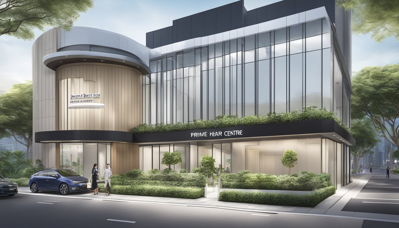 A modern, sleek medical office with the name "Prime Heart Centre @ Orchard" prominently displayed. The sign includes Dr. Yong Wee Boon Derek's name, along with contact information and operating hours
