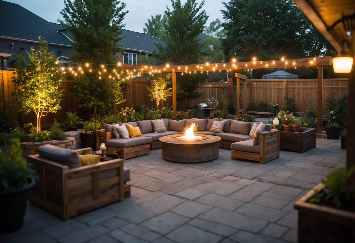 Lush gardens, cozy seating areas, string lights, fire pit, outdoor kitchen, fountain, pergola, vertical gardens, play area, and dining space in various townhouse backyards