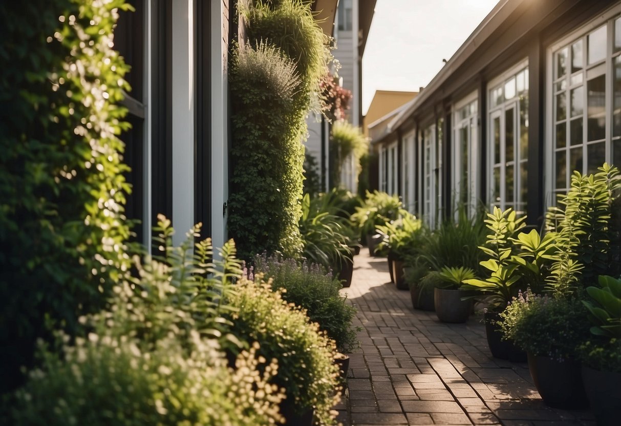 A row of townhouses with lush vertical gardens covering the backyard walls, creating a vibrant and natural oasis