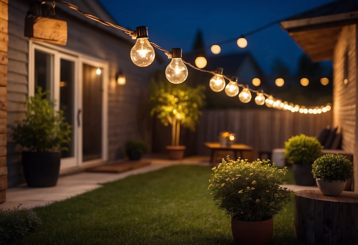 A row of outdoor string lights illuminates a cozy townhouse backyard, creating a warm and inviting atmosphere for outdoor gatherings and relaxation