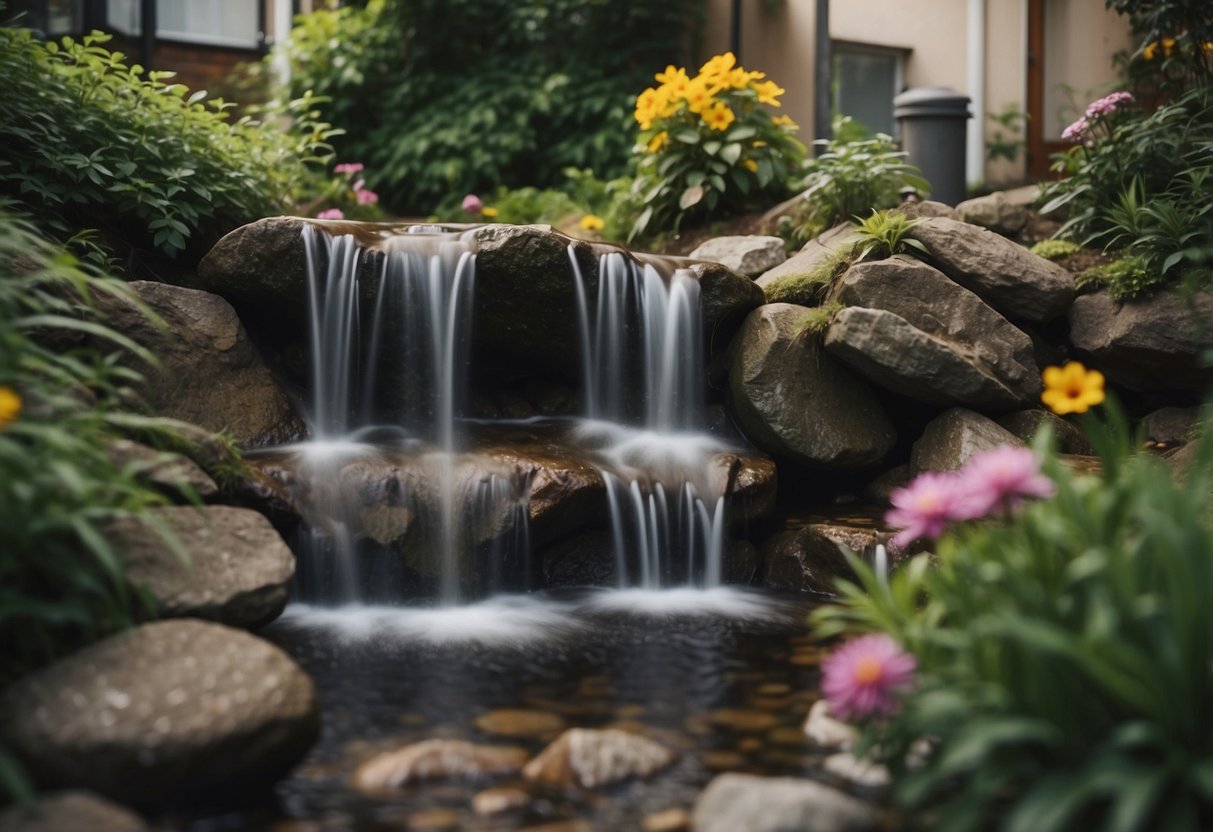 A small waterfall cascades down rocks in a cozy townhouse backyard, surrounded by lush greenery and colorful flowers