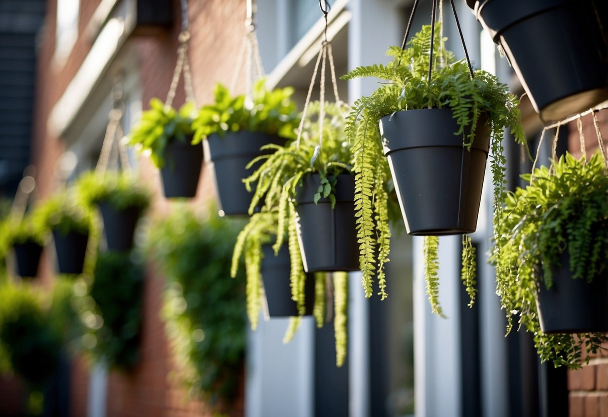 Lush green hanging planters adorn a cozy townhouse backyard. A variety of plants cascade from the planters, creating a tranquil and inviting outdoor space