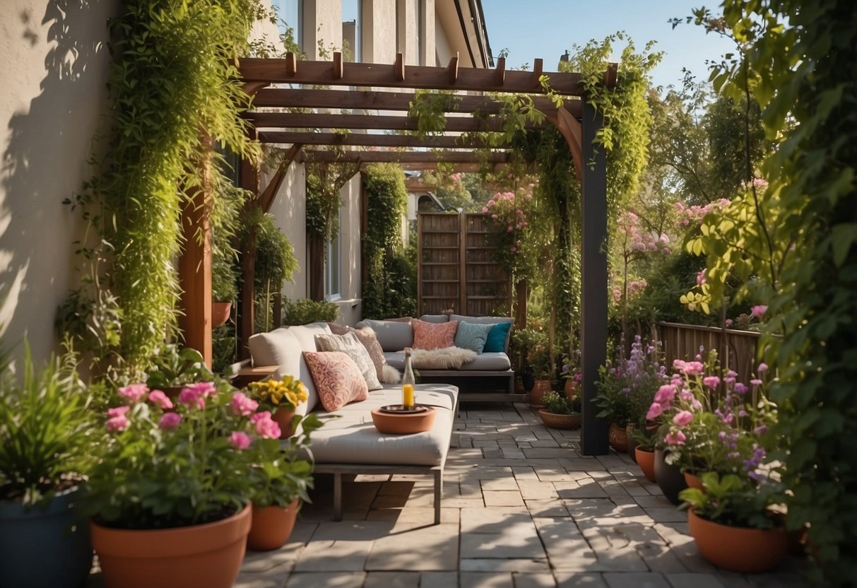 A corner pergola stands in a tidy townhouse backyard, surrounded by lush greenery and colorful flowers. The pergola is adorned with hanging plants and provides a cozy spot for outdoor relaxation