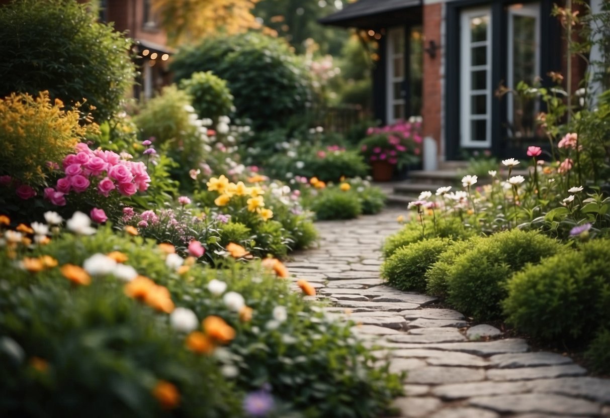 A stone pathway winds through a lush townhouse backyard, bordered by vibrant flowers and greenery. The pathway leads to a cozy seating area, perfect for outdoor gatherings