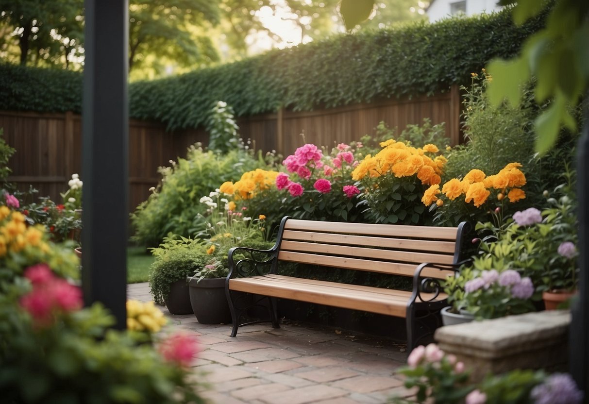 Several garden benches are arranged in a townhouse backyard, surrounded by lush greenery and colorful flowers. A peaceful and inviting space for relaxation and outdoor gatherings