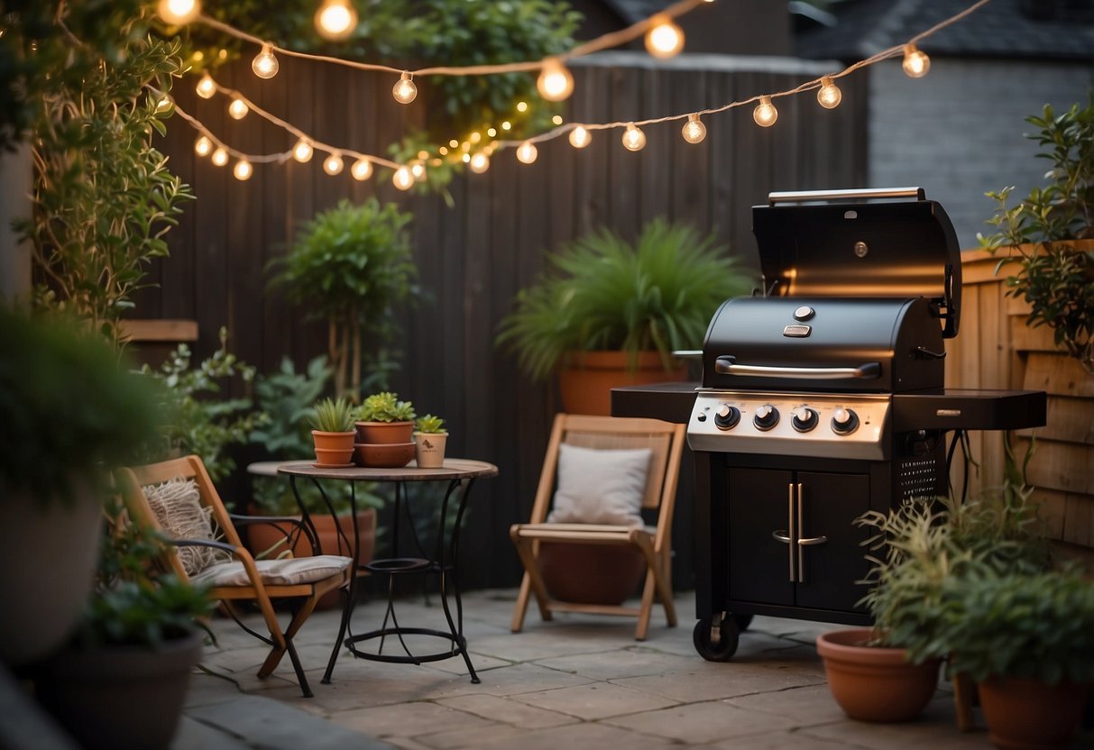 A compact BBQ grill sits in a cozy townhouse backyard, surrounded by potted plants and string lights. A small table and chairs are nearby, creating a perfect outdoor dining area