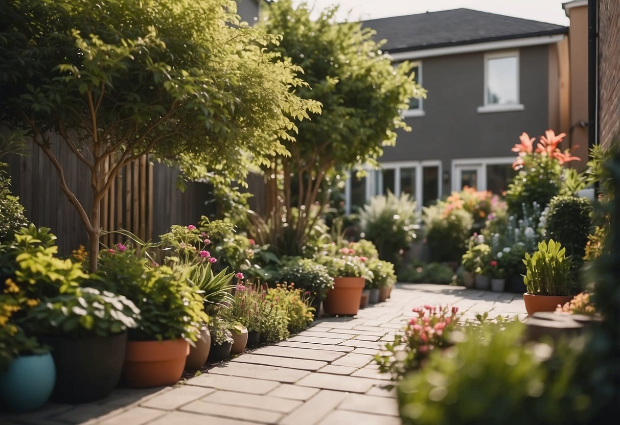 A townhouse backyard with a variety of plants arranged in a well-organized and aesthetically pleasing manner. The space is utilized effectively, with a mix of flowers, shrubs, and small trees creating a vibrant and inviting atmosphere