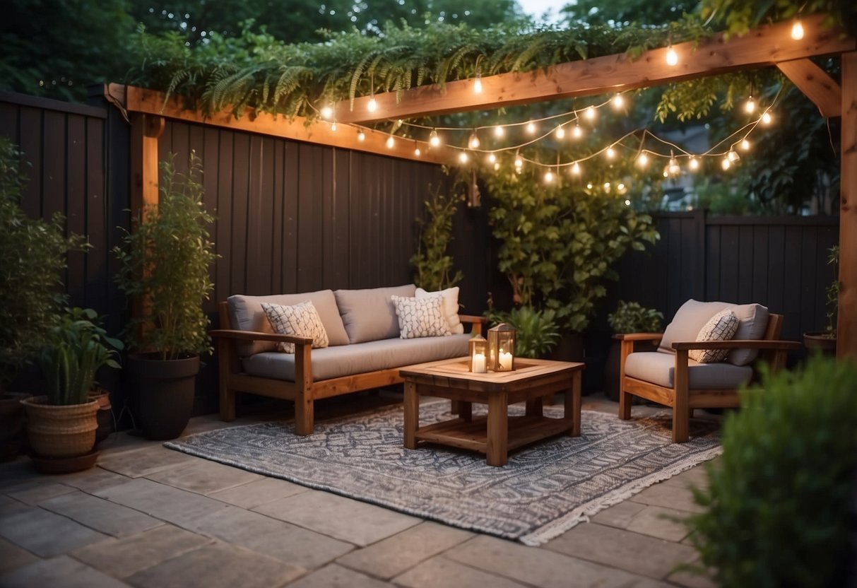 A cozy townhouse backyard with tall privacy fences, lush greenery, and comfortable seating areas. A pergola provides shade, while string lights add a warm ambiance