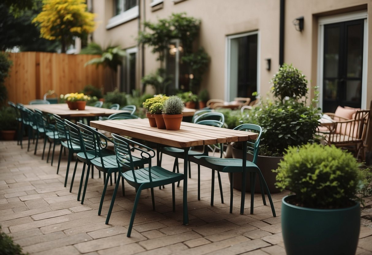 A row of outdoor tables and chairs arranged in a spacious townhouse backyard, surrounded by lush greenery and colorful potted plants