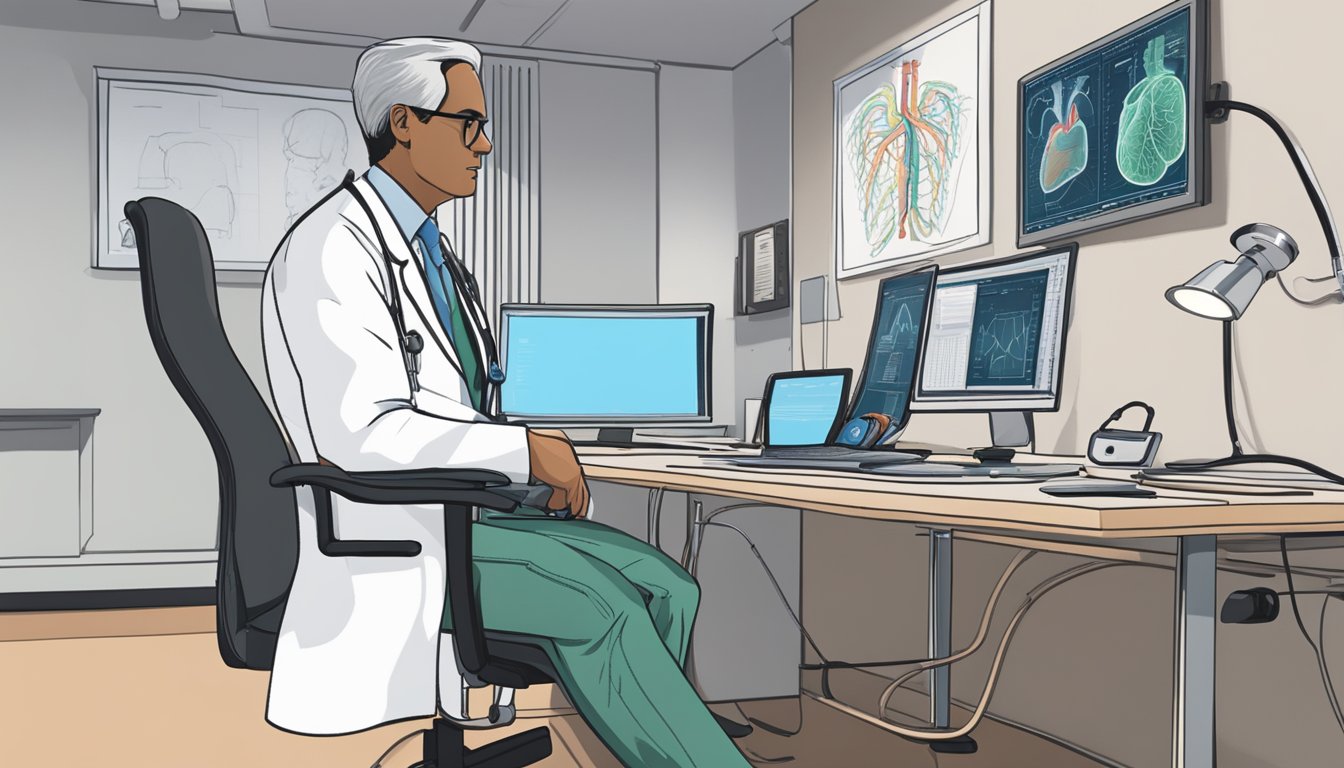 A stethoscope rests on a desk next to a computer displaying heart scans. A white coat with "Dr Anand Adinath Ambhore" embroidered on it hangs on a chair