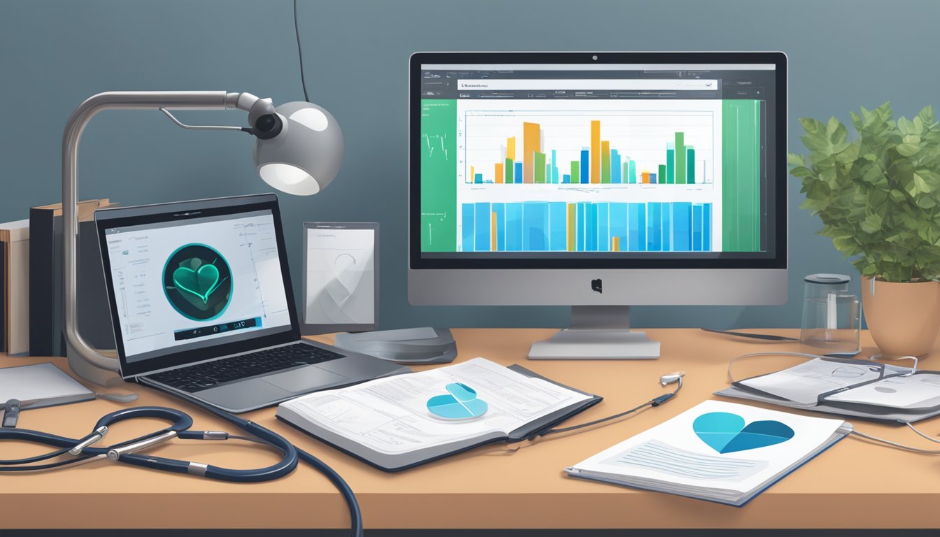 A stethoscope and heart monitor sit on a desk, beside a diploma and medical textbooks. A computer displays heart scans