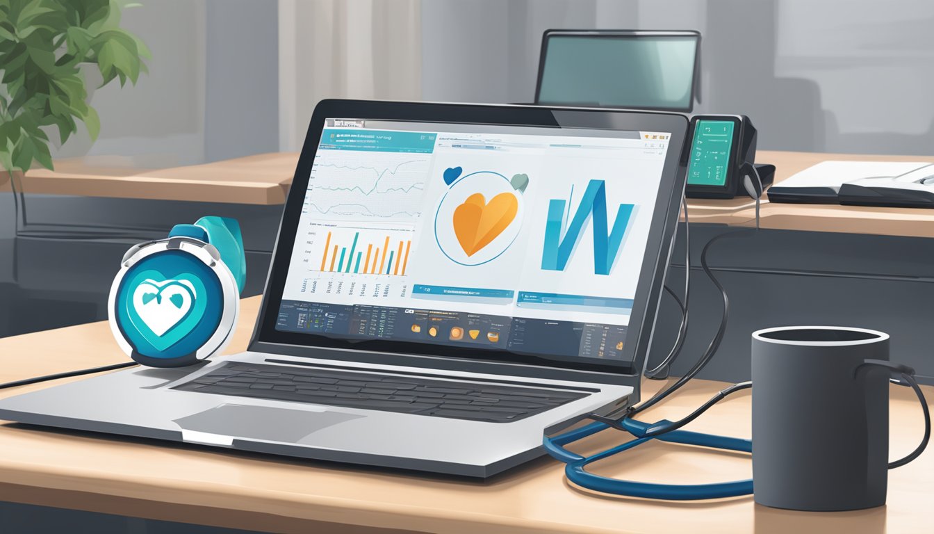 A stethoscope and a heart rate monitor sit on a desk next to a computer displaying the National University Heart Centre logo