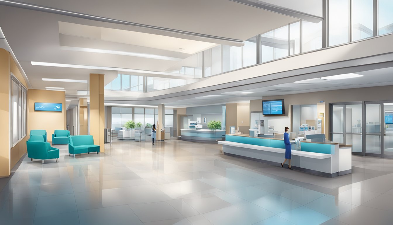 A modern, bustling hospital lobby with a prominent sign for the National University Heart Centre, conveying a sense of professionalism and advanced medical care