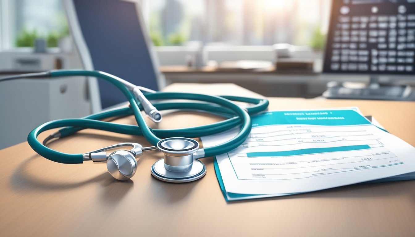 A stethoscope and heart monitor sit on a desk in a modern medical office, with a diploma and professional certifications hanging on the wall