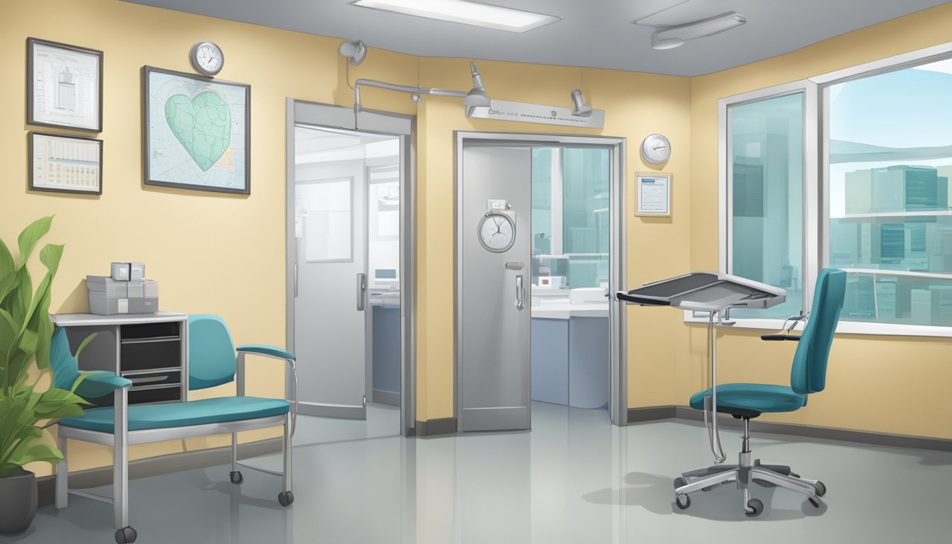 A modern medical office with Dr. Alfred Cheng's name on the door, a stethoscope, and a heart-shaped diagram on the wall