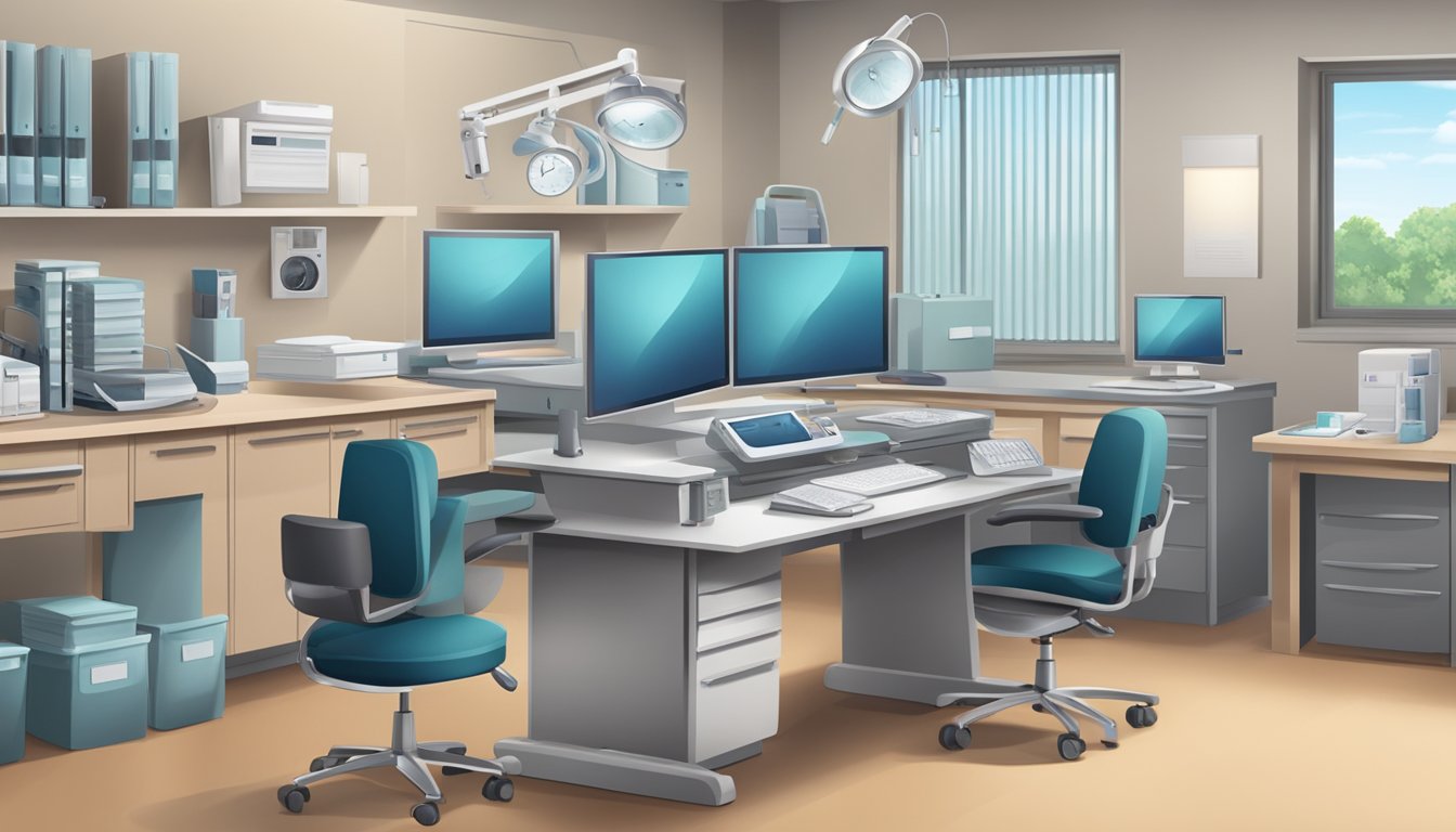 A cardiologist's office with a desk, computer, medical equipment, and patient chairs