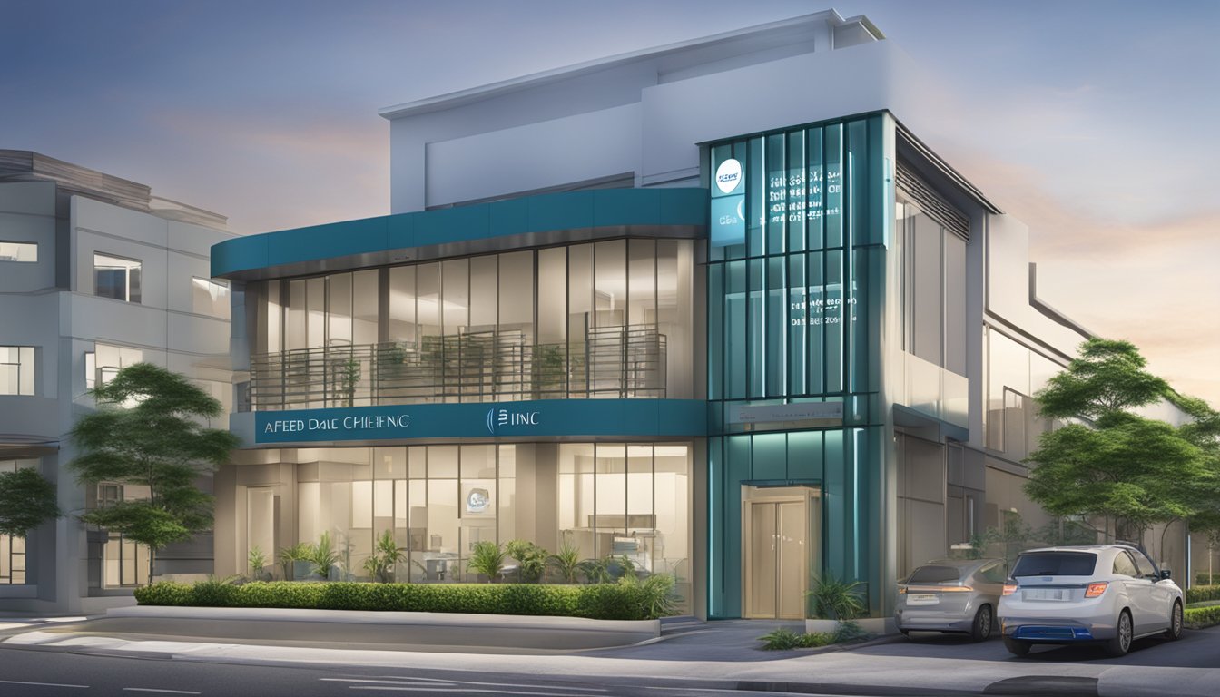 A modern medical clinic exterior with a sign reading "Alfred Cheng Cardiac Care Pte Ltd" and operating hours displayed