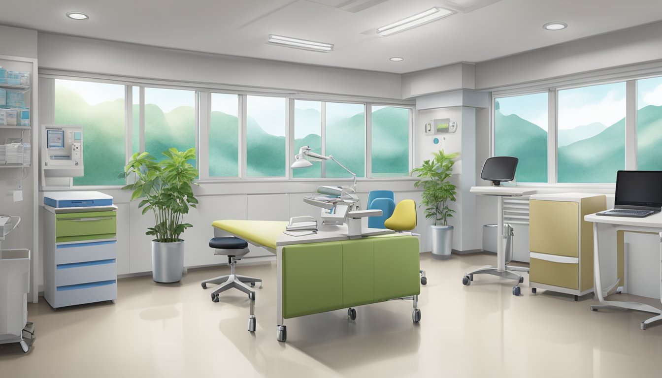 A modern, well-lit clinic room with medical equipment and a desk. The name "Dr Evelyn Lee Min - Clinic 3A – Tan Tock Seng Hospital | SG Cardiologist" is prominently displayed