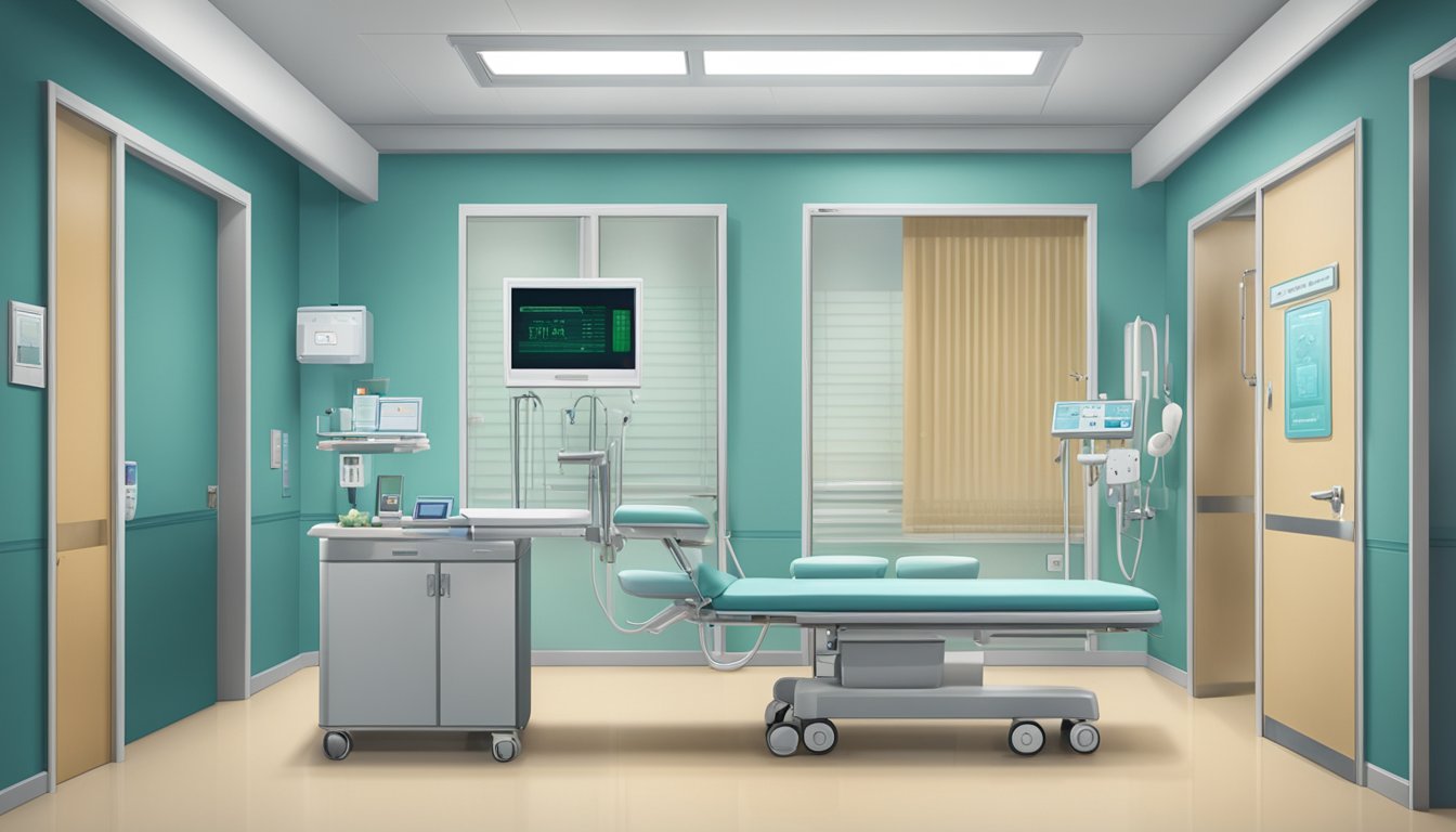 A modern hospital room with Dr. Evelyn Lee Min's nameplate on the door, medical equipment, and a calm, professional atmosphere