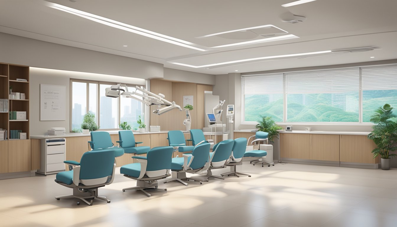 A modern, well-lit cardiologist's clinic at Tan Tock Seng Hospital, with medical equipment and comfortable seating for patients