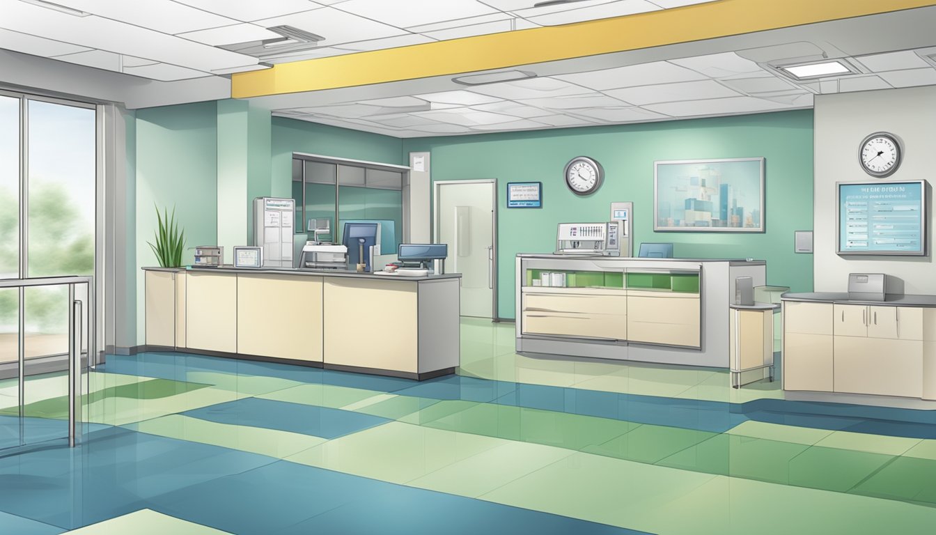 A modern hospital clinic with the sign "Dr Evelyn Lee Min - Cardiologist" and operating hours displayed