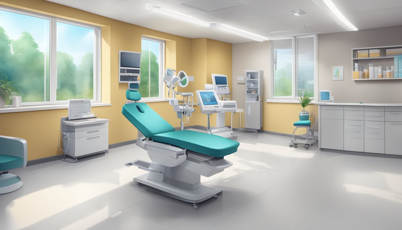 A modern, well-lit cardiology clinic with medical equipment and comfortable seating