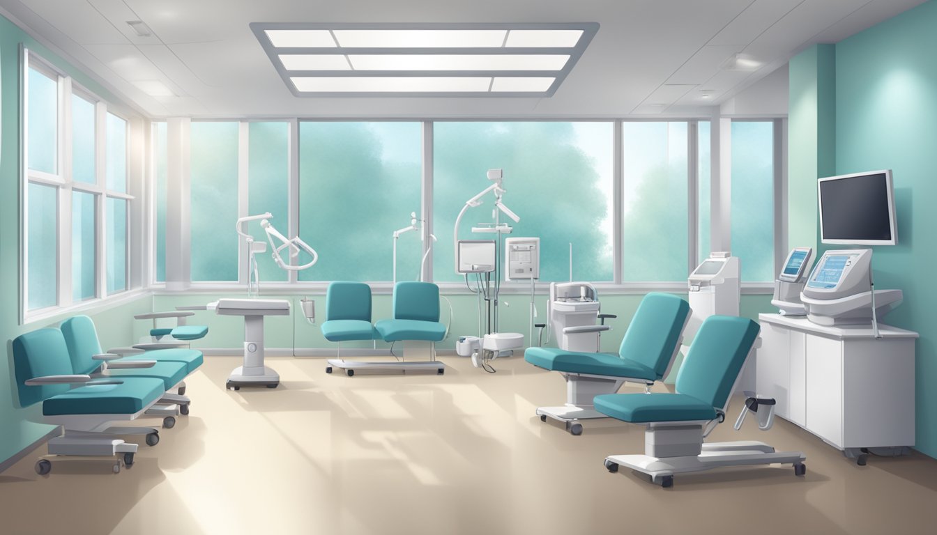 A modern, well-lit cardiology clinic in a hospital setting, with medical equipment and comfortable seating for patients