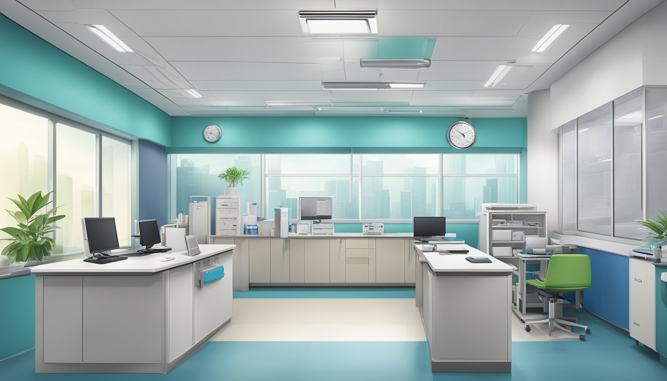 A modern clinic with medical equipment and a desk. The logo "Dr Ho Hee Hwa - Clinic 3A - Tan Tock Seng Hospital | SG Cardiologist" is displayed prominently
