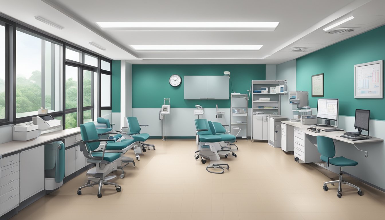 A cardiologist's office at Tan Tock Seng Hospital, with medical equipment, a desk, and chairs for patients