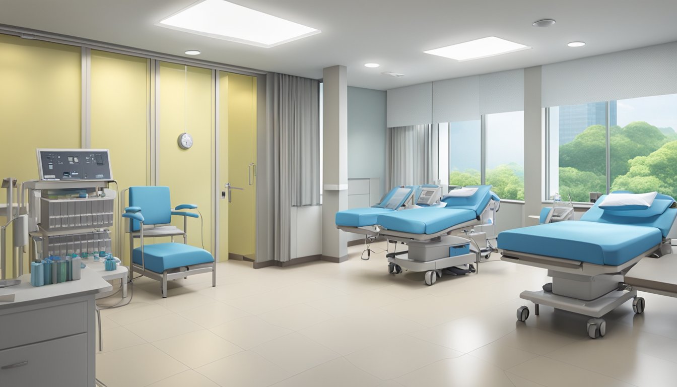 A modern, well-lit cardiology clinic at Tan Tock Seng Hospital, with medical equipment and comfortable seating