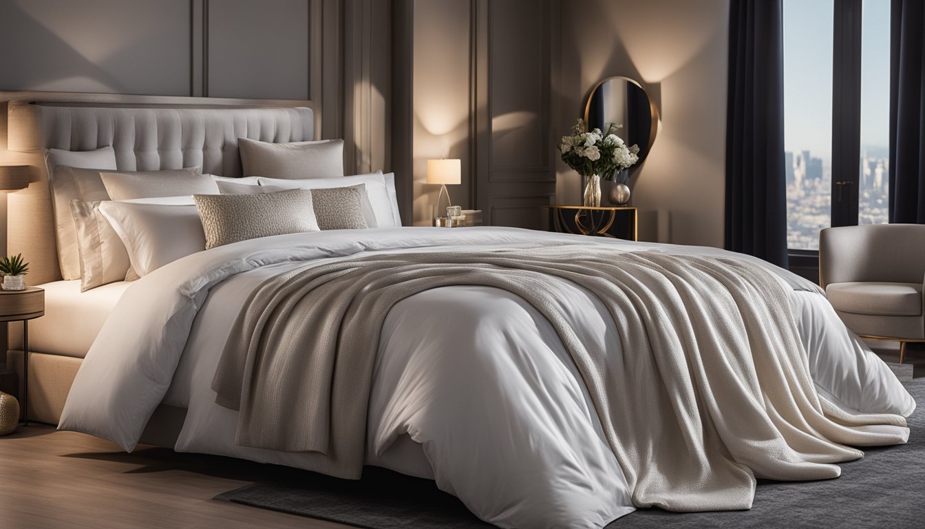 A luxurious bed with elegant bedding sets, featuring silky sheets, plush pillows, and a cozy duvet, arranged neatly in a stylish bedroom setting