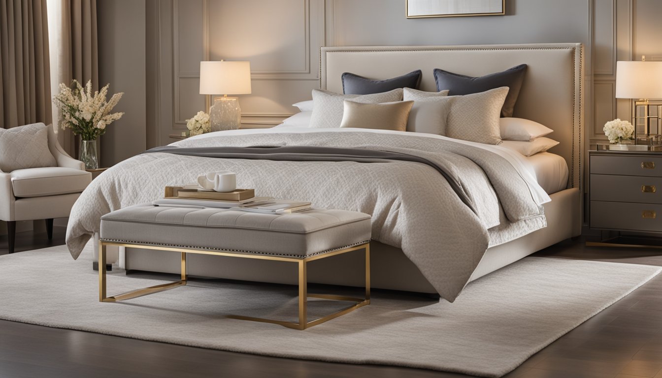 A luxurious bedroom with a neatly made bed adorned with elegant bedding sets in soft, neutral colors. A plush throw blanket and a few decorative pillows complete the sophisticated look