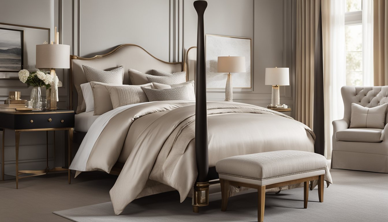 A luxurious bedroom with a neatly made bed, adorned with silky, high-quality bed sheets in a soft, neutral color palette. Rich, textured fabrics and elegant details complete the sophisticated look