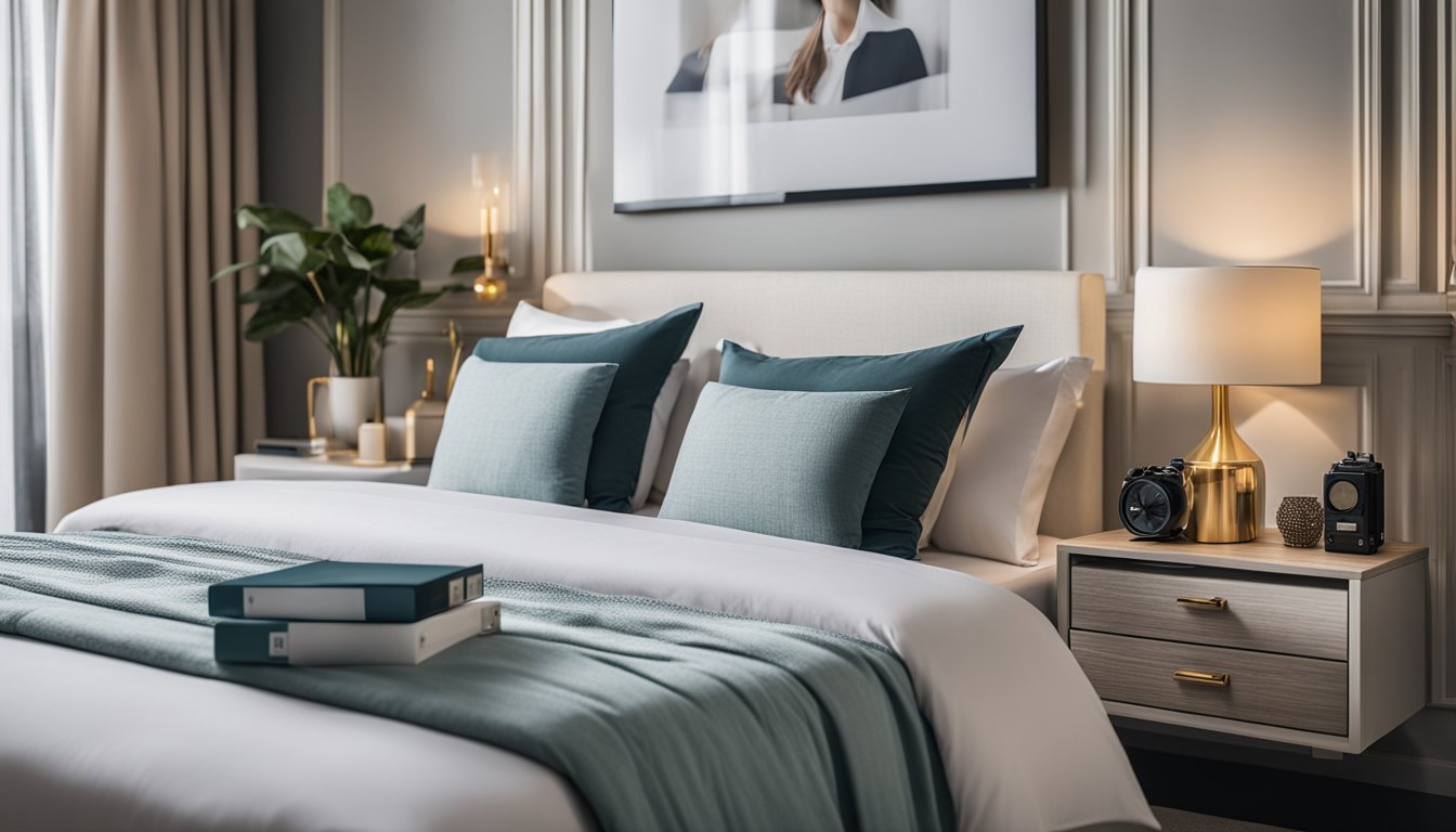 A neatly arranged bed with luxurious bedding sets, surrounded by a stack of FAQ cards and a sleek, modern display stand