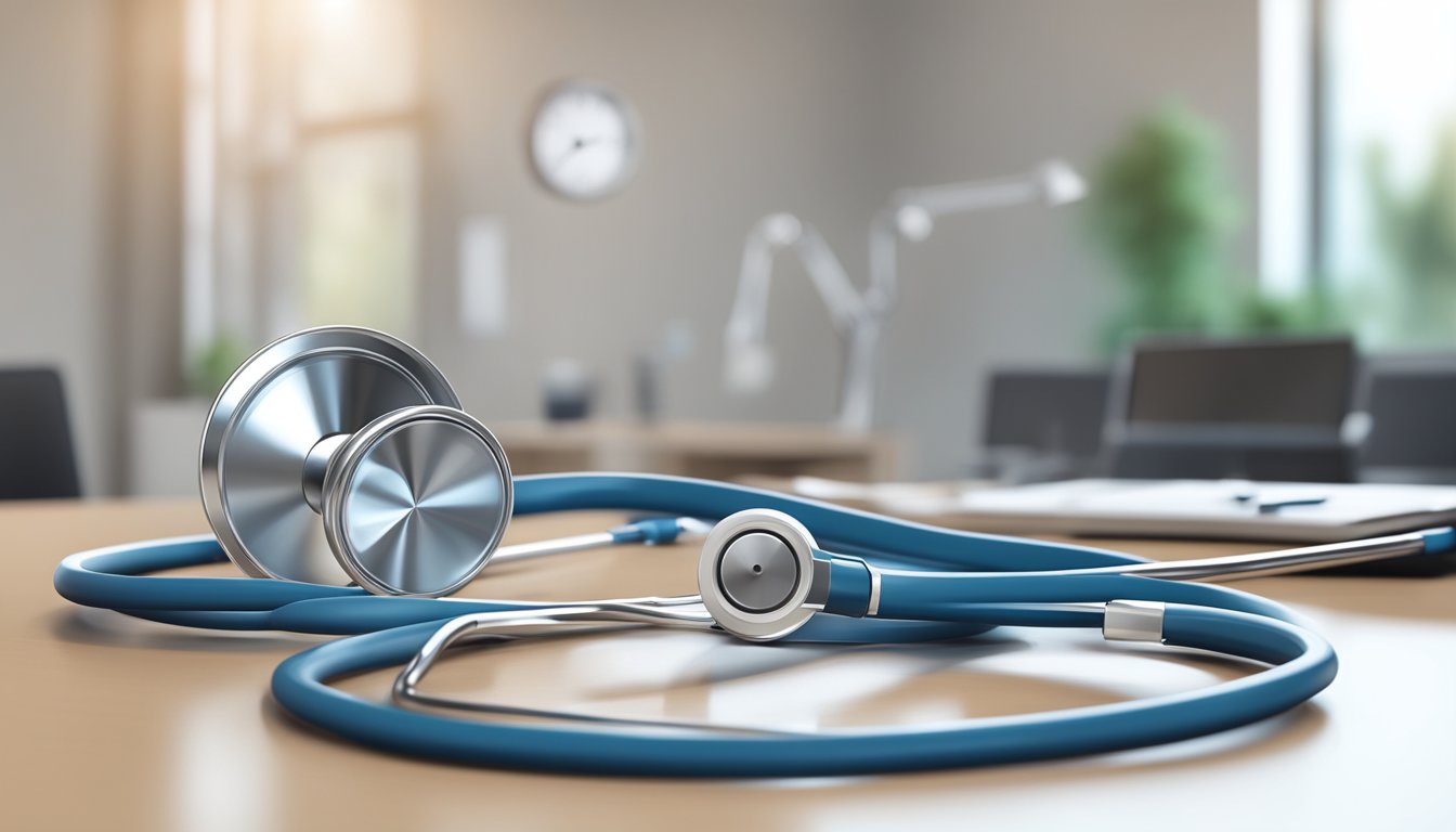 A stethoscope and medical equipment on a desk in a modern clinic setting
