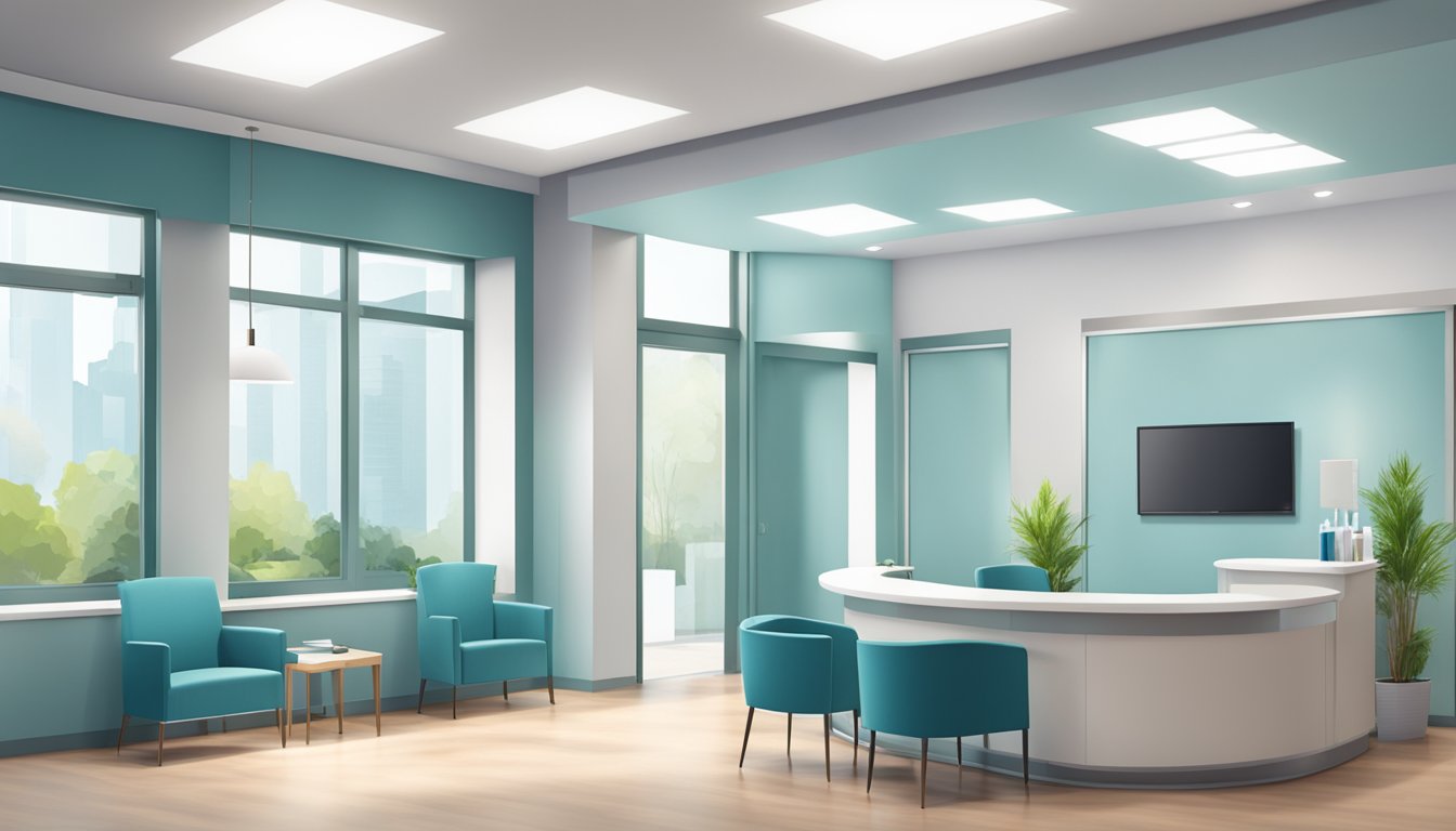 A modern, clean and professional medical clinic interior with a reception desk, comfortable seating, and medical equipment