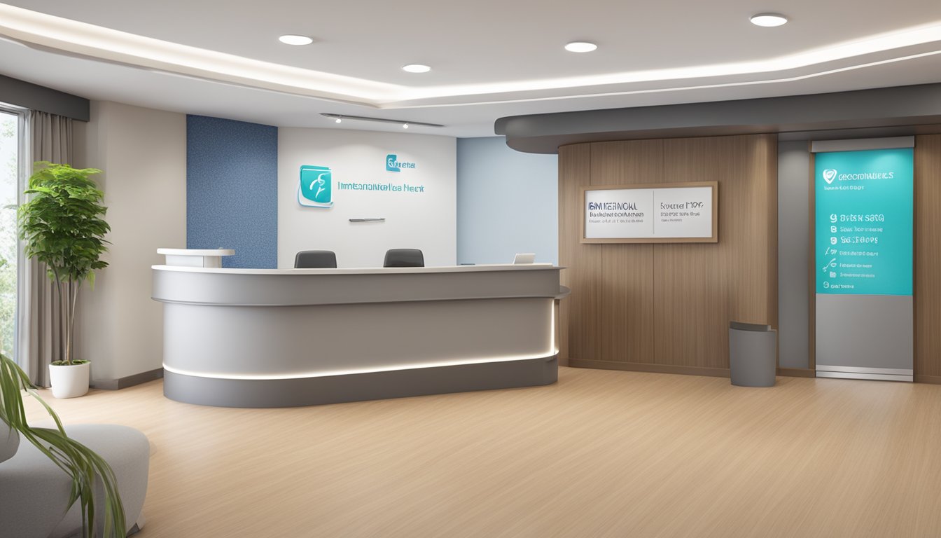 A modern, well-lit clinic with a sleek reception desk, comfortable waiting area, and a sign displaying "International Heart Clinic Pte Ltd." The contact information and operating hours are prominently displayed on the wall