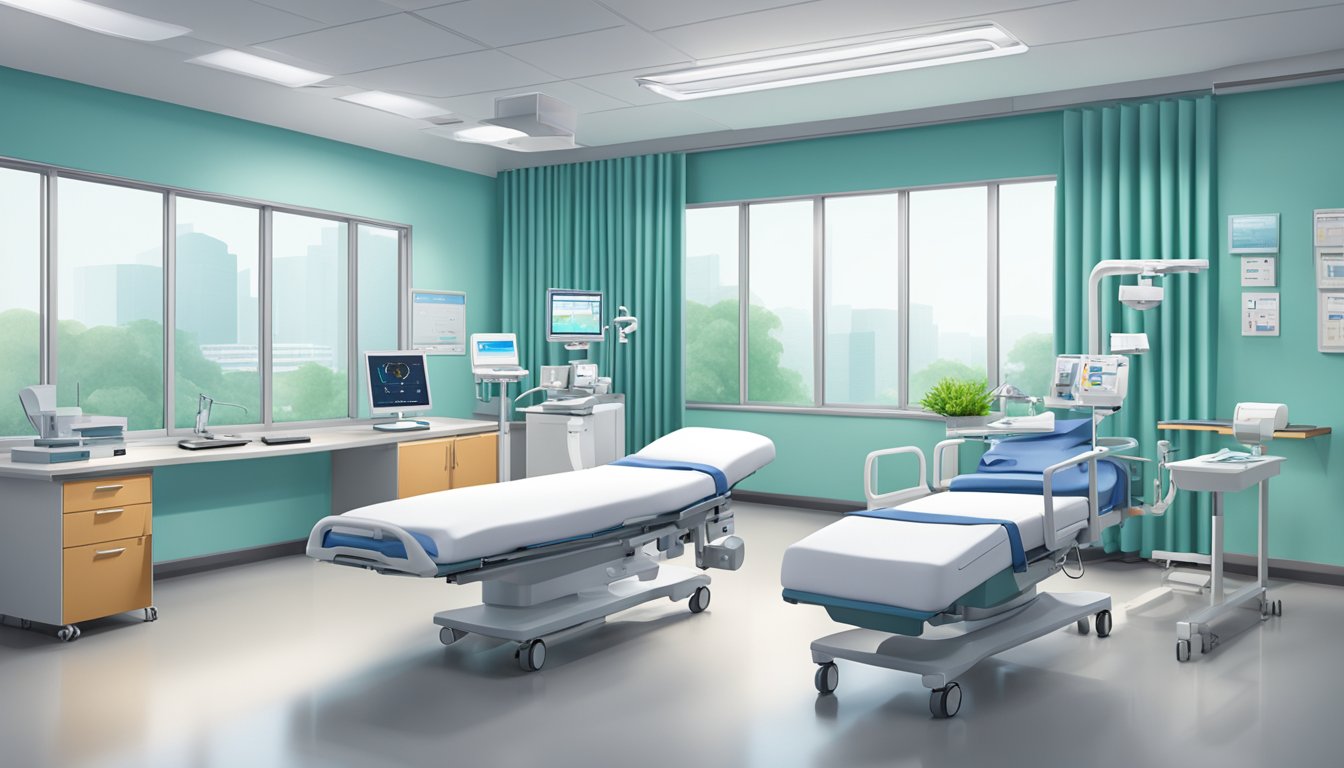 A modern and clean hospital room with medical equipment and a desk. The Asian Heart & Vascular Centre (AHVC) logo is prominently displayed