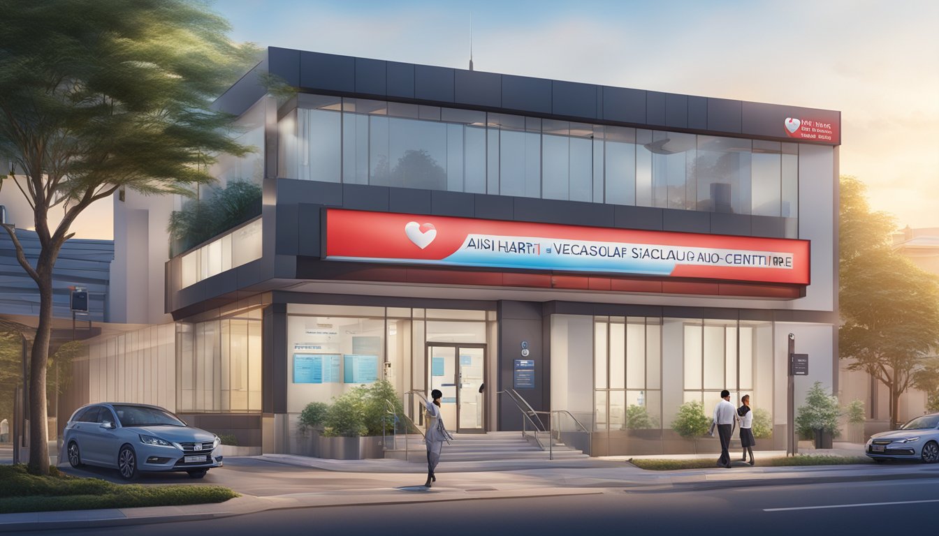 The Asian Heart & Vascular Centre signboard shining under the bright sun, with the clinic's contact information and operating hours displayed prominently