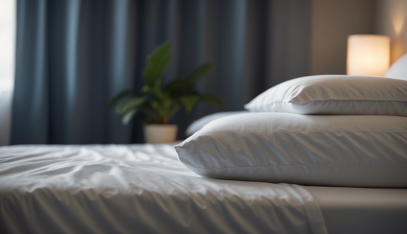 Crisp percale sheets lie taut on a mattress, their smooth texture inviting touch. Light filters through a nearby window, casting a soft glow on the fabric