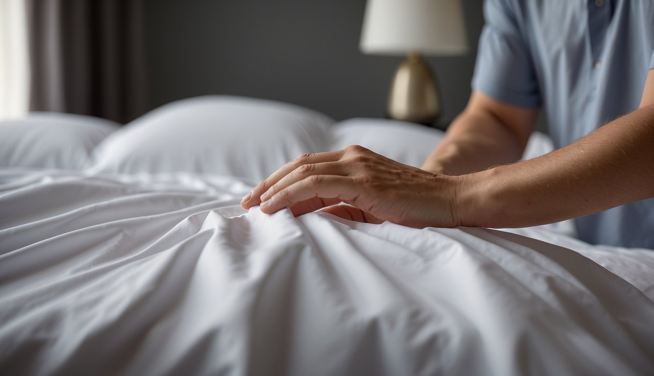 A hand reaches out to touch the smooth, crisp surface of percale sheets, feeling their cool and breathable texture. The sheets appear neatly tucked and inviting, creating a sense of comfort and luxury