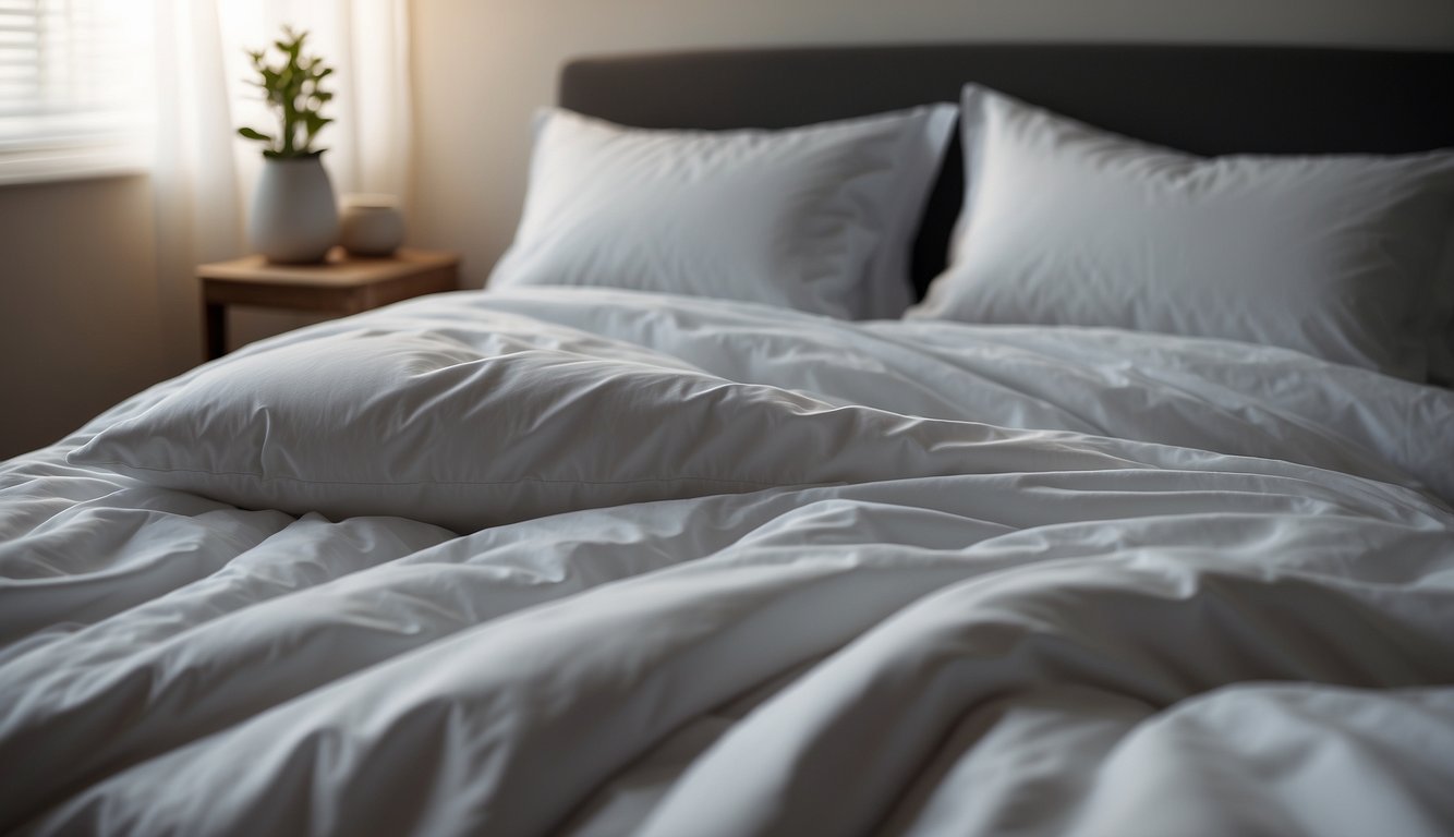 A cozy bed with smooth, crisp percale sheets. The fabric feels cool and breathable, with a subtle matte finish