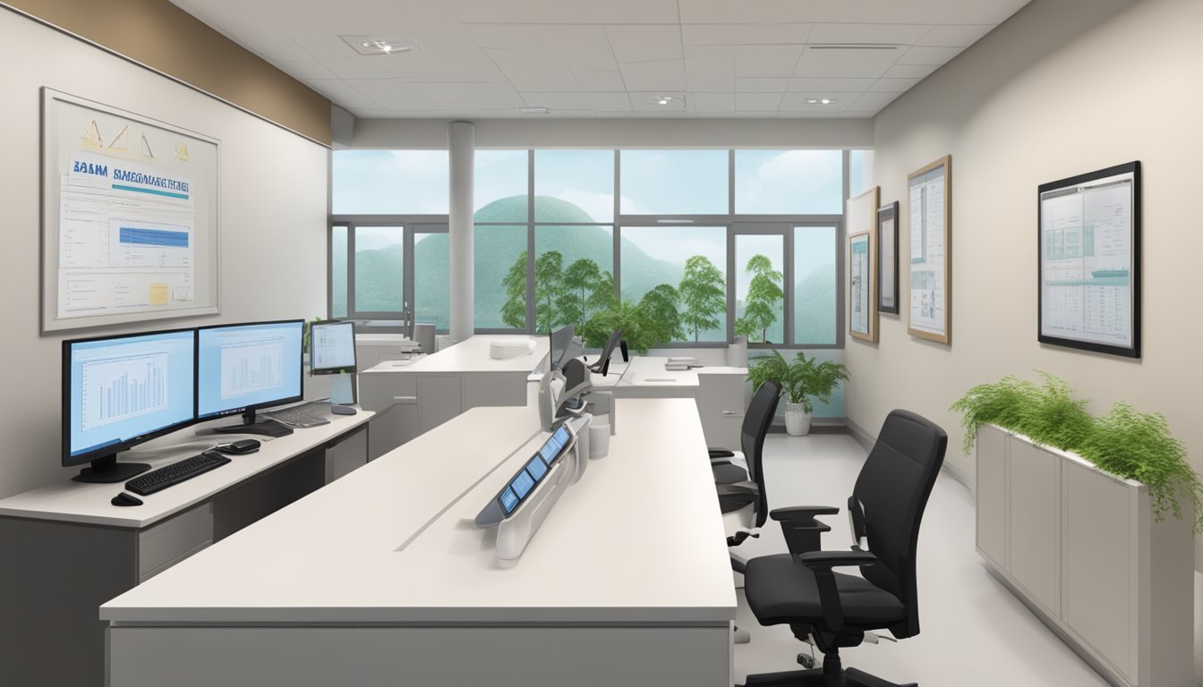 A modern, clean office with the sign "Asian Heart & Vascular Centre" and "Dr Jeremy Chow - SG Cardiologist" prominently displayed. The operating hours are also visible