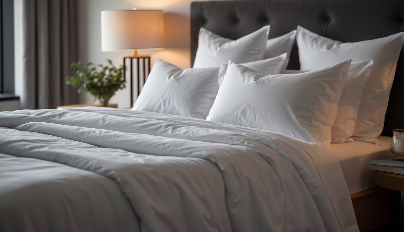 A bed with crisp percale sheets, smooth and cool to the touch, neatly tucked in, with a stack of pillows and a soft blanket