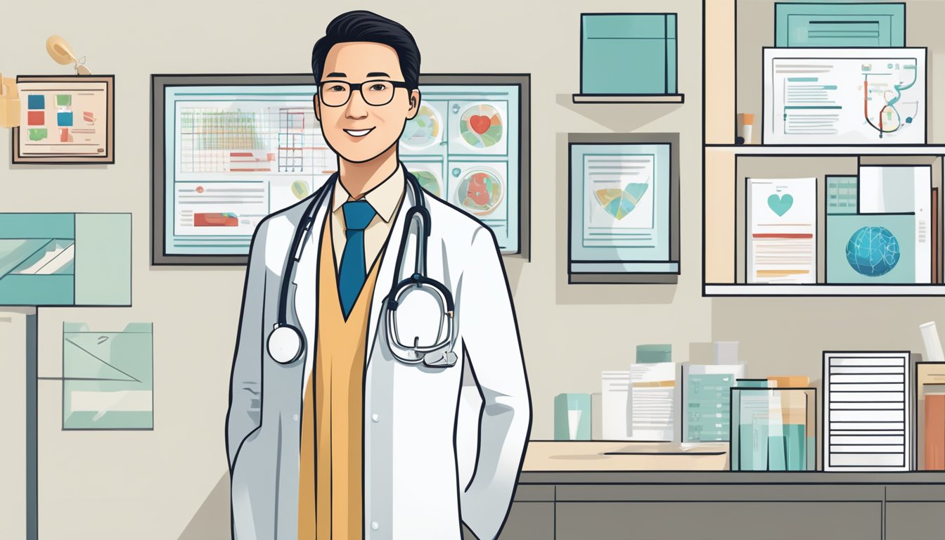 A doctor stands in front of a sign reading "Frequently Asked Questions Dr Jeremy Chow - Asian Heart & Vascular Centre (AHVC) | SG Cardiologist"