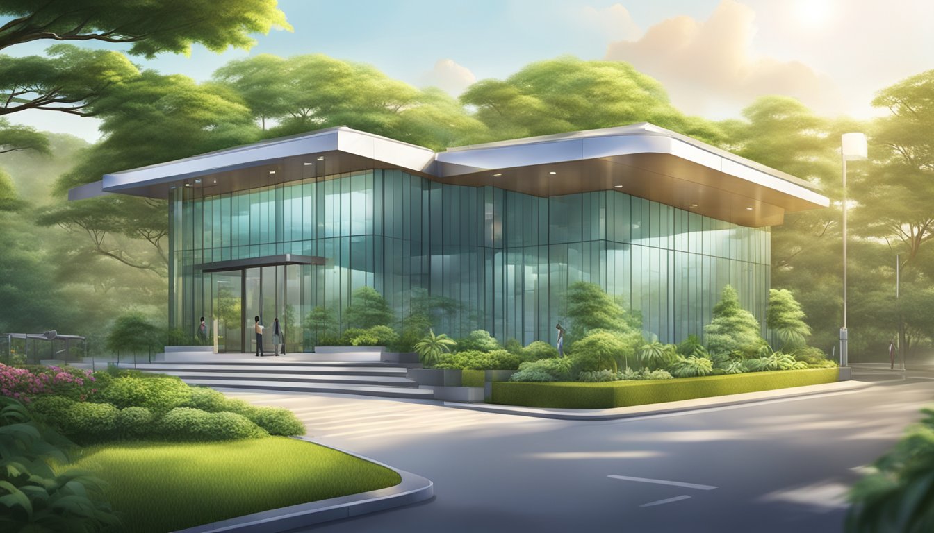 A modern, sleek Asian Heart & Vascular Centre building with clear signage, surrounded by lush greenery. The sun is shining, casting a warm glow on the exterior